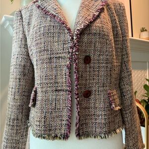Vintage Tweed Blazer Plum with Frayed Trim Petite or Cropped. Size 12